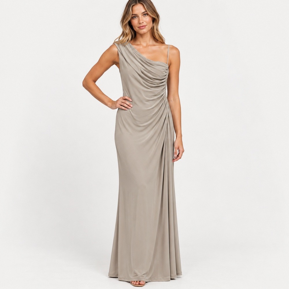 Lauren Ralph Lauren Evening One Shoulder Ruched Gown Tan Taupe Dress 6